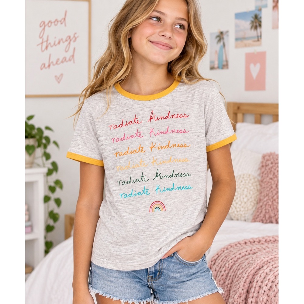 Mudd Girls Radiate Kindness Ringer Tee Poly Rayon Heather Grey Yellow Size 10